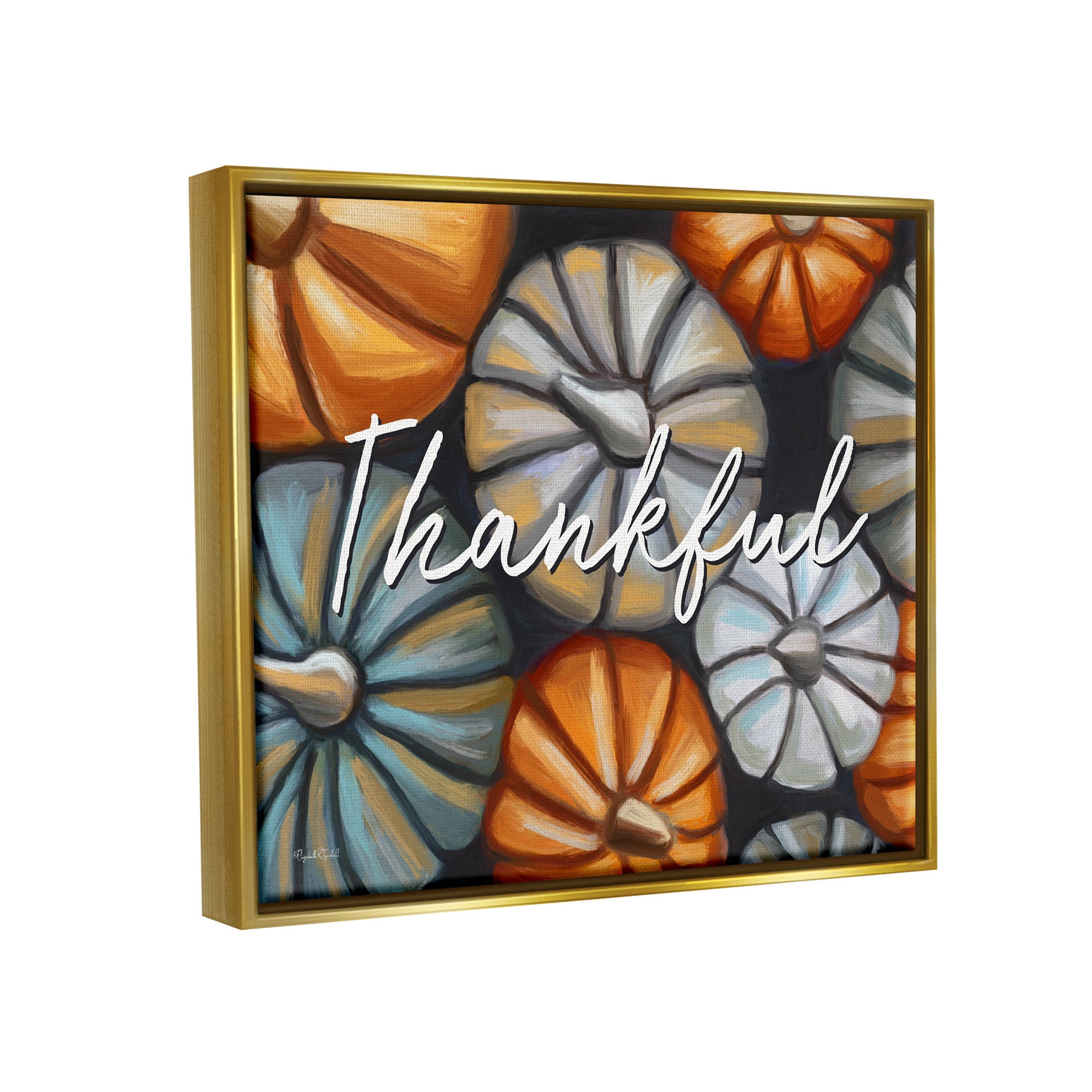 Stupell Industries Autumn Thankful Pumpkins Phrase Graphic Art Metallic Gold Floating Framed Canvas Print Wall Art, Design by Elizabeth Tyndall
