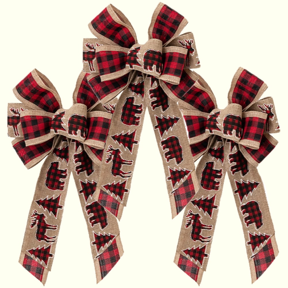 Monfince 3 Pieces Santa Claus Bows Burlap Plaid Wreaths Bows Christmas