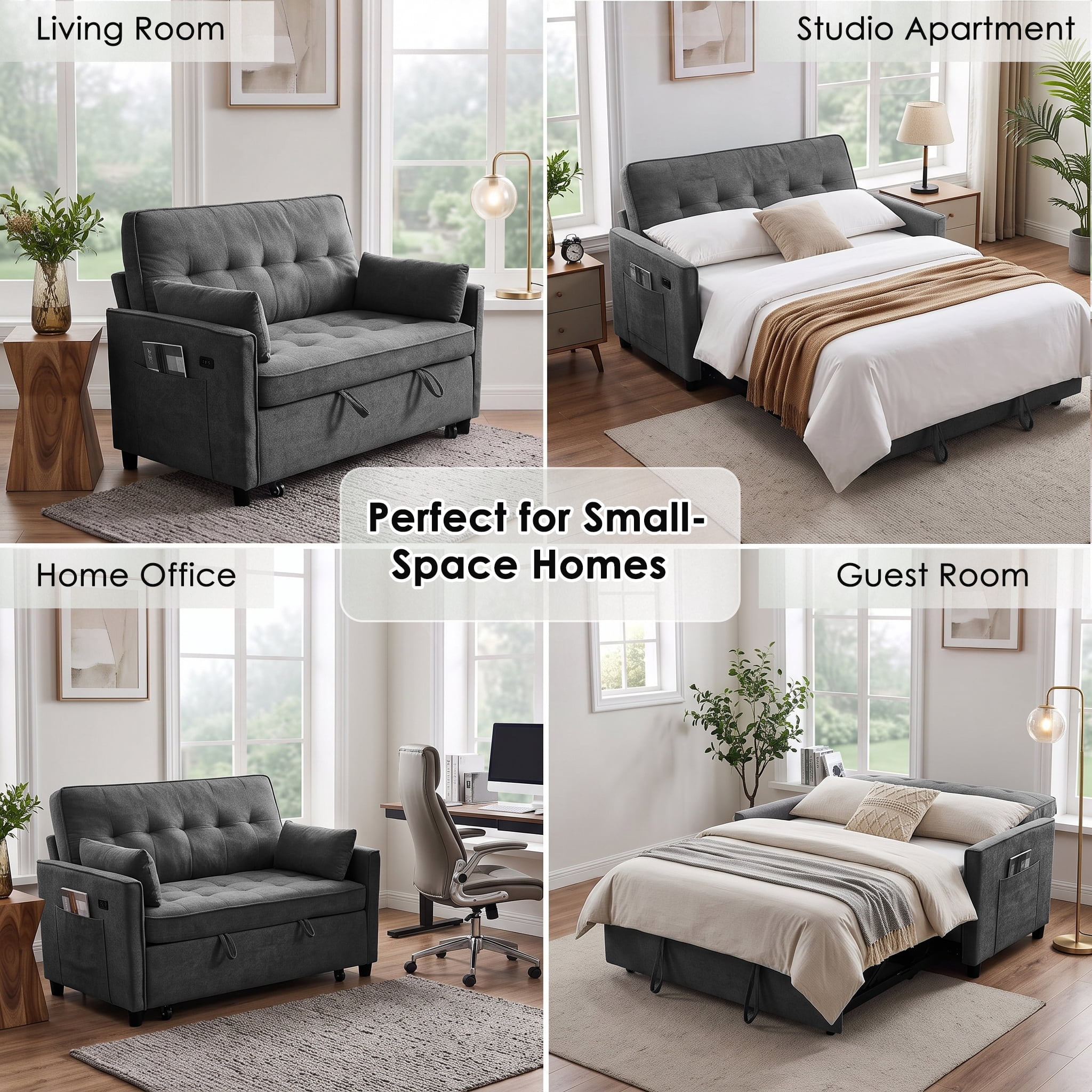 Anpport 54" 3‑in‑1 Convertible Sofa Bed, Towel Fabric, 3‑Position Adjustable Backrest with USB Charging Ports, for Living Room, Apartment, Dark Gray