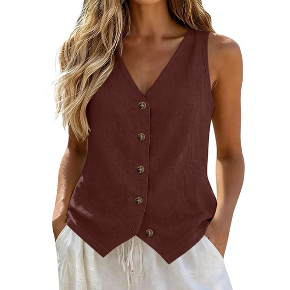 Pumxq Womens Linen Vest Tops Spring Summer Sleeveless Tops Coffee L