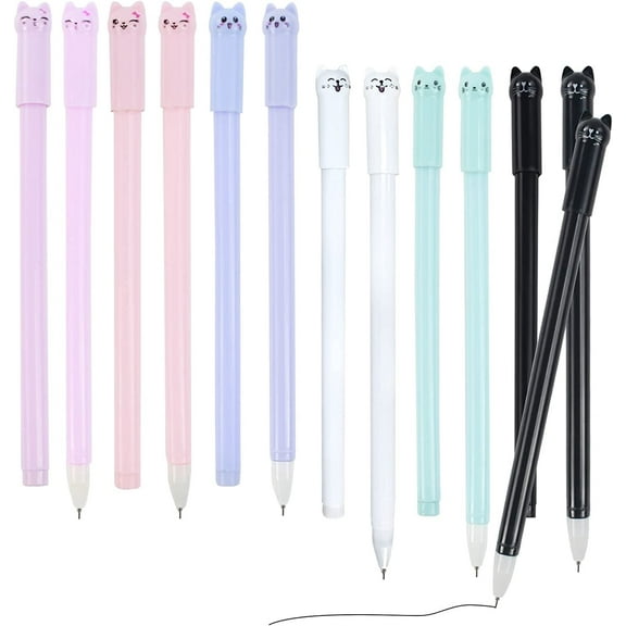 RETON 12PCS Kawaii Cat Pens, Cute Gel Ink Pens Animal Pens, 0.5mm Smooth Black Fine Point Ball Point Pens for  Women  Office Supplies (6 Color Cat)