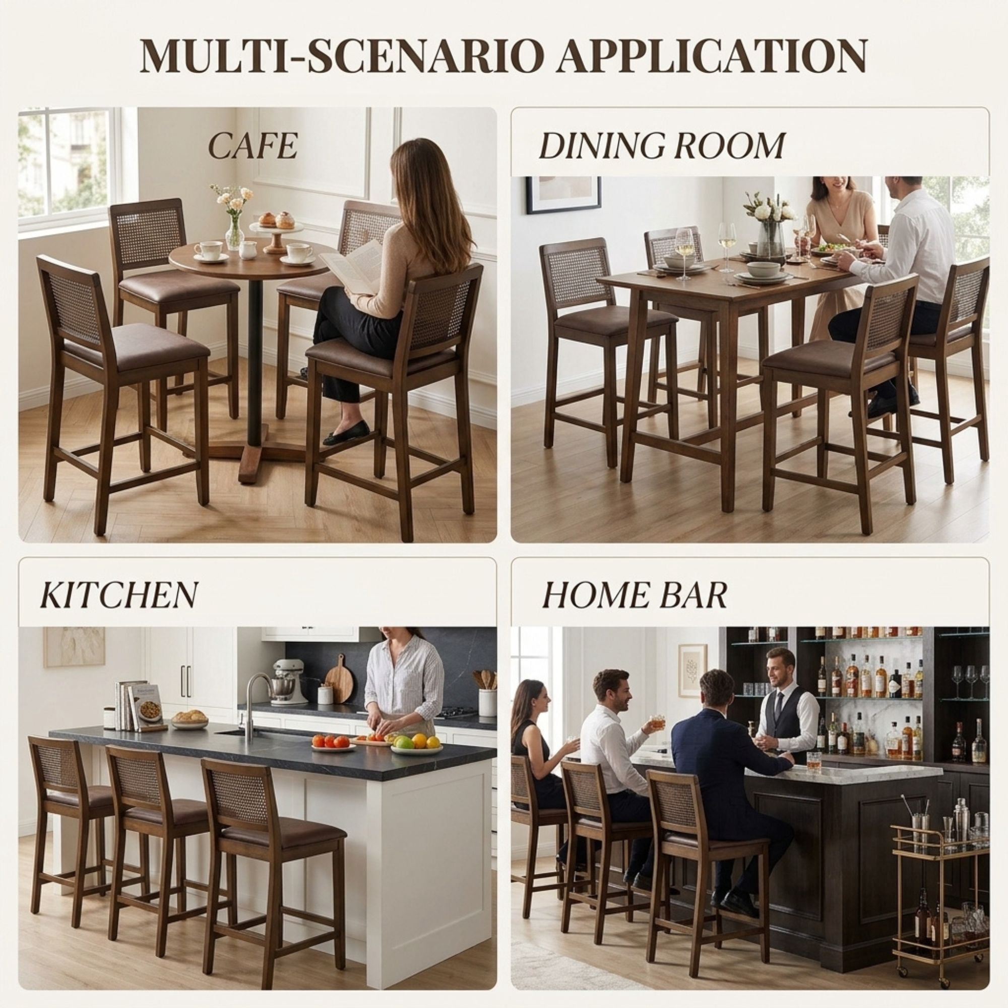 Guyou 26" Rattan Bar Stools Set of 2, Farmhouse Faux Leather Upholstered Counter Height Stools with Cane Woven Back, Mid-Century Modern Wooden Bar Chairs for Kitchen Island, Walnut Brown