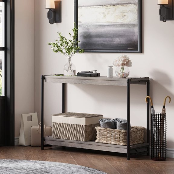 Narrow Console Tables for Entryway, 39.5" Small Console Table, Slatted Style 2-Tier Sofa Table with Shelf