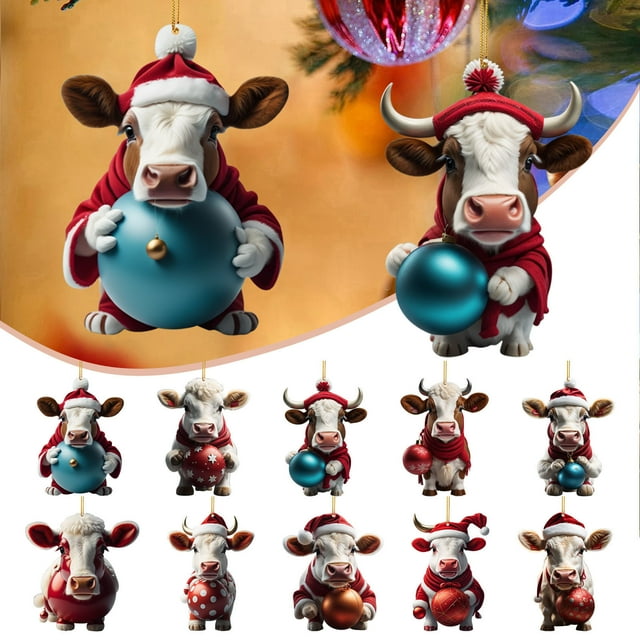 Adorno colgante de cerdo navideño - Estampado acrílico doble cara, 10,5" con cuerda elástica dorada para decorar el árbol