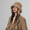 thumbnail image 2 of Women Winter Hat Falt Top Wide Brim Ear Protection Thick Plush Pure Color Strap Decor Detachable Earflap Windproof Soft Outdoor Bucket Cap -Khaki, 2 of 8