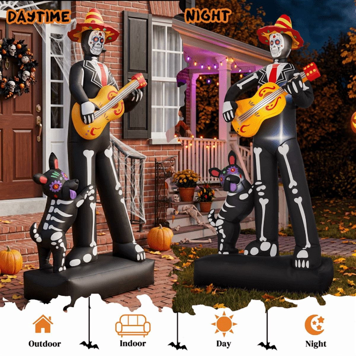 Alvantor 7.2 ft Day of the Dead Halloween Inflatable Decoration with Skeleton Musician, Dog and 6 LED Lights