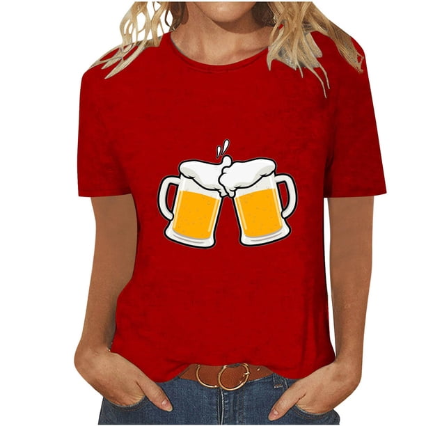 Tops Cortos para Mujeres, Oktoberfest Casual Impreso Cuello Redondo Manga Corta Camiseta Top Hecho de Poliéster para la Primavera Verano Uso Diario, Camisetas Casuales de Mujer