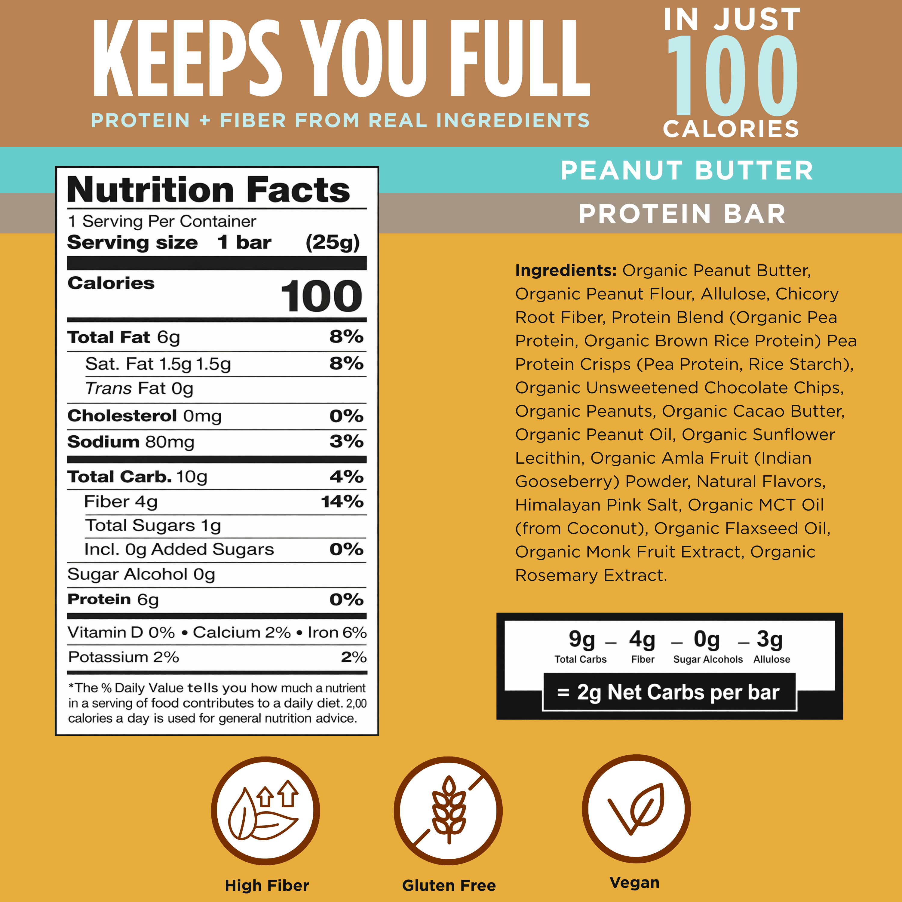 100 Cal Snacks Peanut Butter Chocolate Chip Protein  Bar, High Protein, Fiber; Gut Healthy, Zero Added Sugar, Gluten Free. 0.88 oz, 20 Count