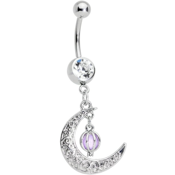 Body Candy 316L Stainless Steel Navel Ring Piercing Ornate Purple Orb Crescent Moon Dangle Belly