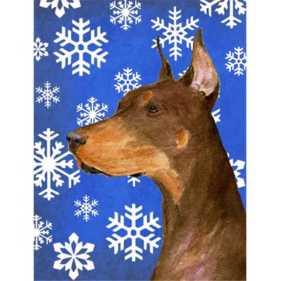 11 x 15 In. Doberman Winter Snowflakes Holiday Flag, Garden Size