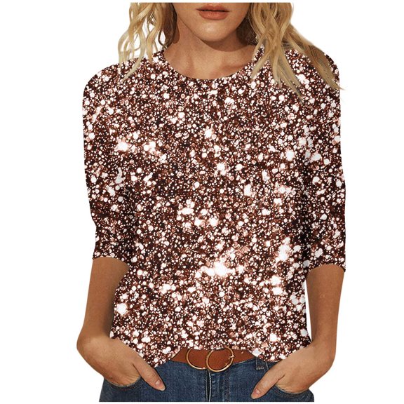 dazeni 3/4 Length Sleeve Womens Tops Loose Crewneck Sequin Tops Fashion Holiday Shirts Casual Sparkly Glitter Shirt Rose Gold Large