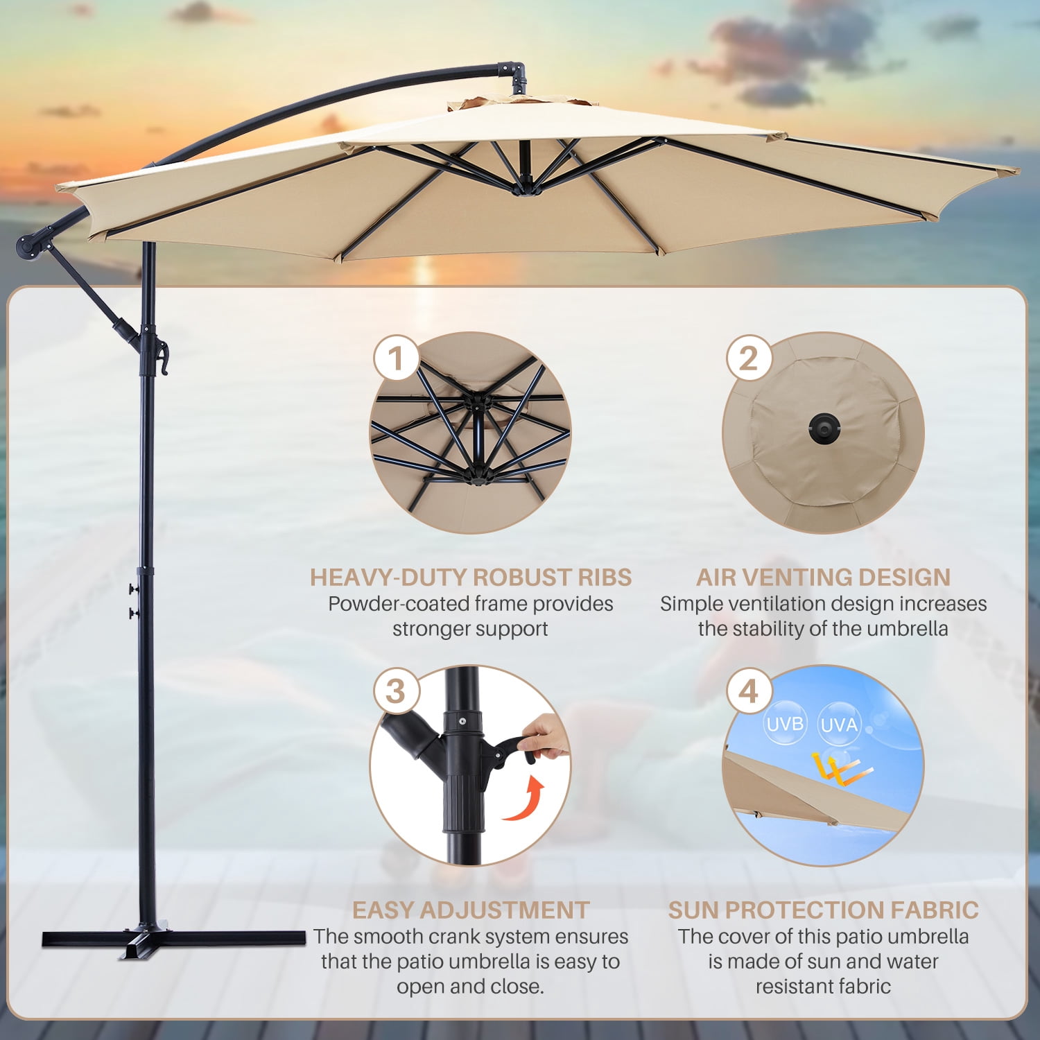 Blorly 10FT Offset Patio Umbrella, Hanging Cantilever Umbrella with Easy Tilt Adjustment, 8 Ribs, UV Protection, Khaki