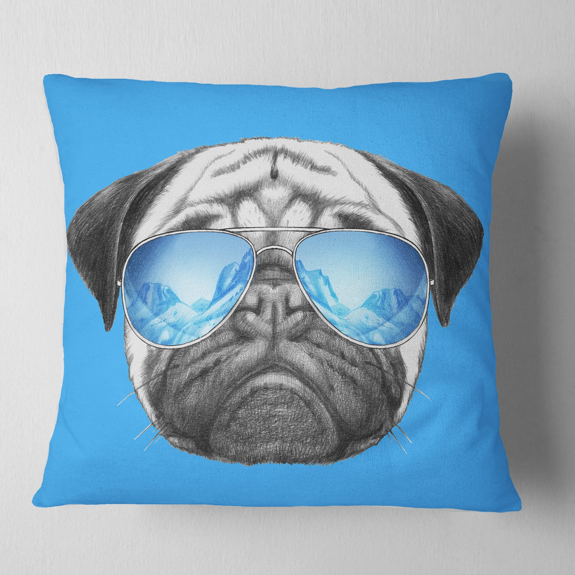 Designart Pug Dog with Mirror Sunglasses - Animal Throw Pillow - 18x18
