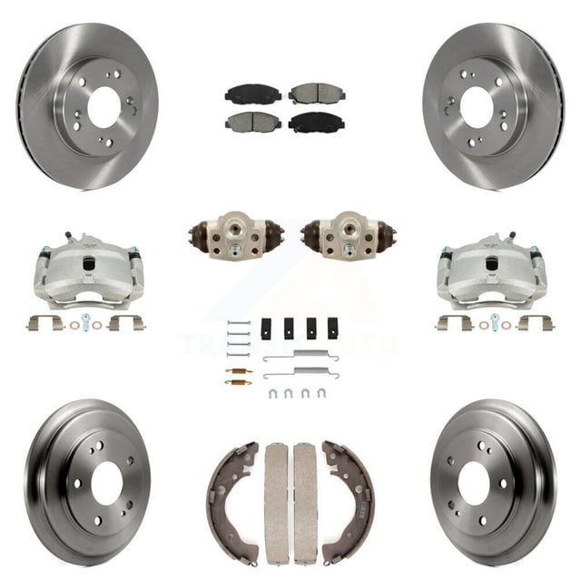 Transit Auto Front Rear Disc Brake Caliper Rotors Drums Semi-Metallic Pads Shoes Wheel Cylinders and Hardware Kit (11Pc) for Car Honda Civic KC8-100905S