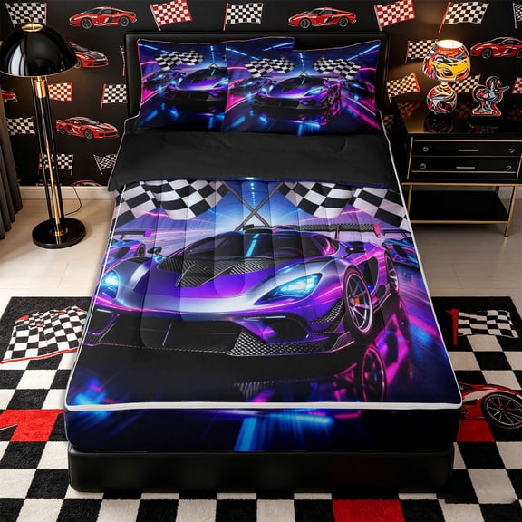 Castle Fairy Neon Race Car Trio Zipper Twin Comforter Sets with Fitted Sheet and 2 Pillowcases,Checkered Flag Glow Zipper Bedding Set for Bedroom,Purple Pink,4-Piece,Black Reversible