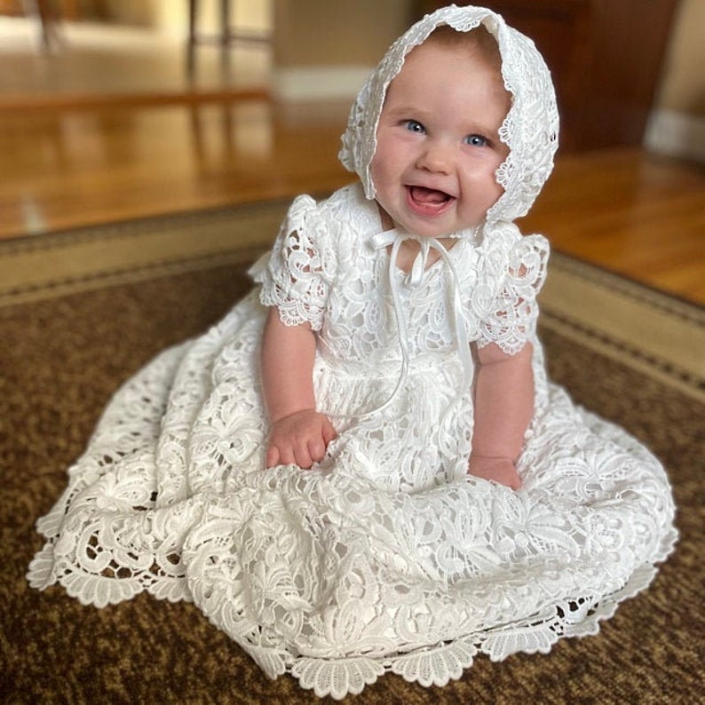 Baby Infant Girl White Christening Gown Baptism Dress & Bonnet  0-3 3-6 6-12 M 