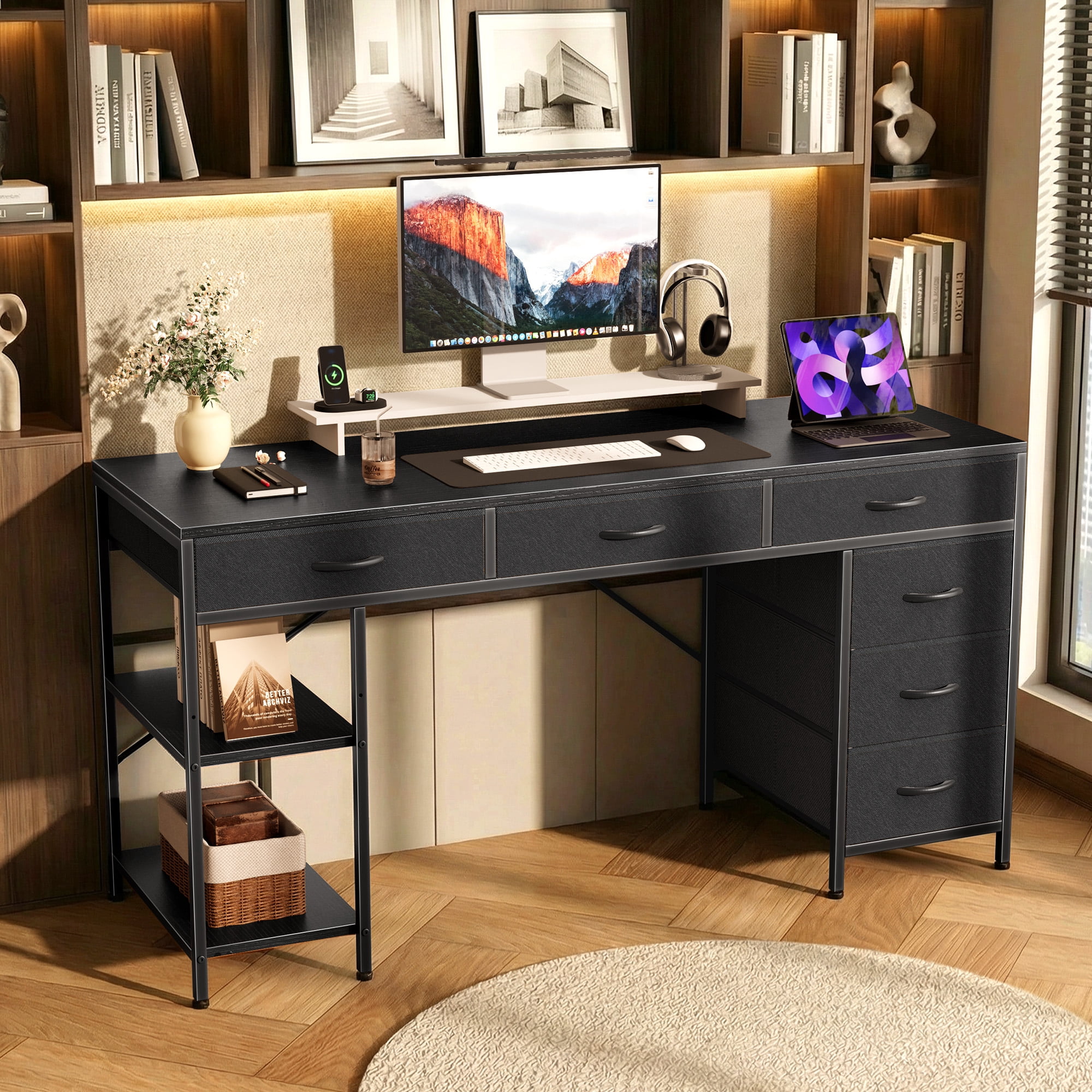 Amadwell 47" Desk with Drawers & Storage, Office Desk with Reversible Shelves, Gaming Computer Desk, Black