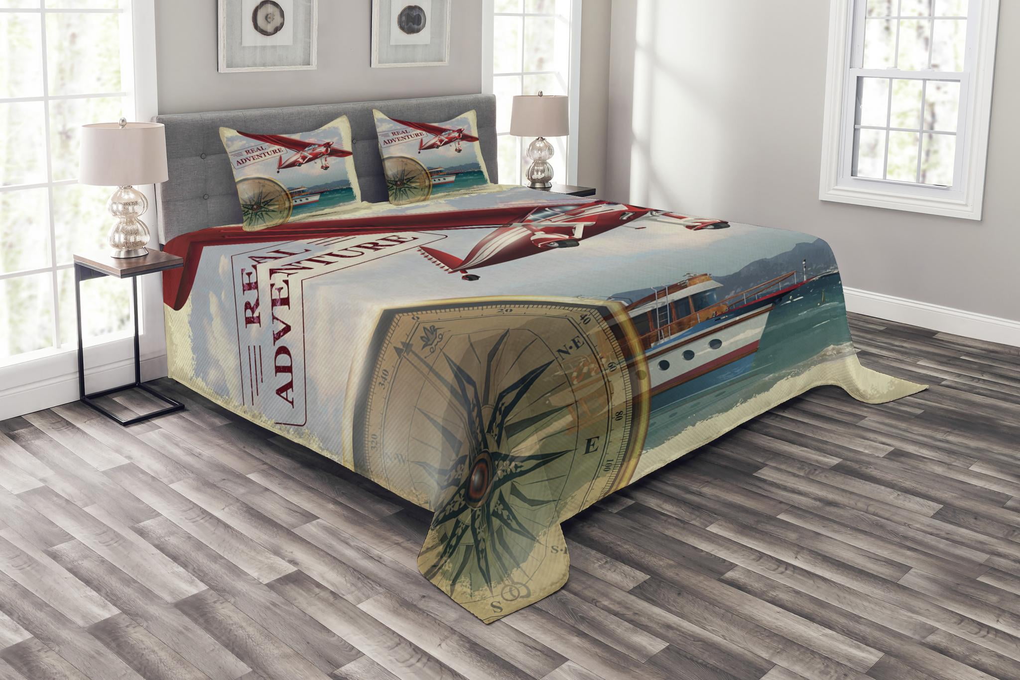 Adventure Bedspread Set, Real Adventure Quote with Coastline and a Red ...