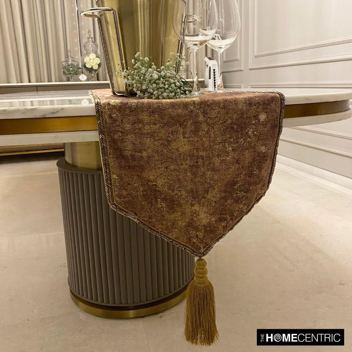 The HomeCentric Decorative Gold Table Runner 6 Seater Table Runner (14 x 72 inch) Foil, Tassels, Suede fabric Table Linen, Abstract Pattern Modern Style - Shimmer Fest Gold