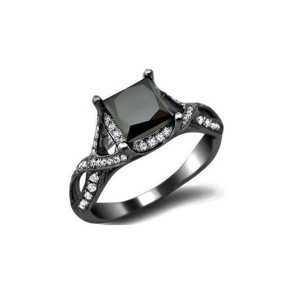 Dreamofdazzles Jewels 2.10 Ct Princess Cut Black & White Diamond Engagement Wedding Thanksgiving Band Ring 14K Black Gold Plated 925 Sterling Silver For Women's -4