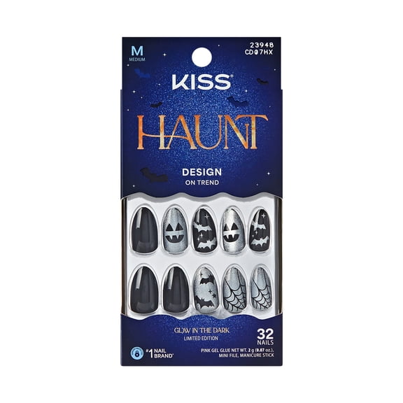 Kiss Core Halloween Press On Nails Almond, ‘Vamp It Up’, Black, Medium, 32 Count