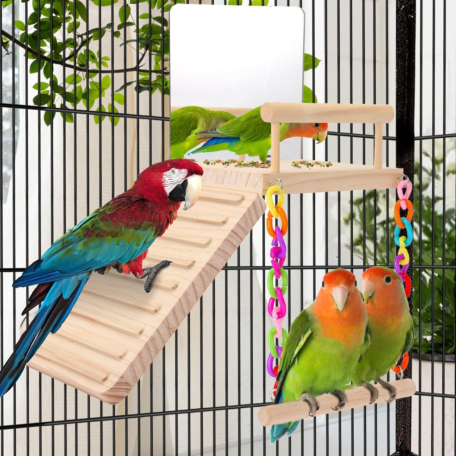 Small Parrot Wooden Play Gym Perch Platform, Bird Toy Set with Mirror, Climbing Ladder & Swing, Cage Accessory for Budgie, Cockatiel, Lovebird, Pacific Parrotlet, Finch, Canary