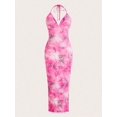 thumbnail image 6 of Pink Elegant Sexy Vacation Date Tie-Dye Print Backless Halter Maxi Dress For Women, 6 of 7