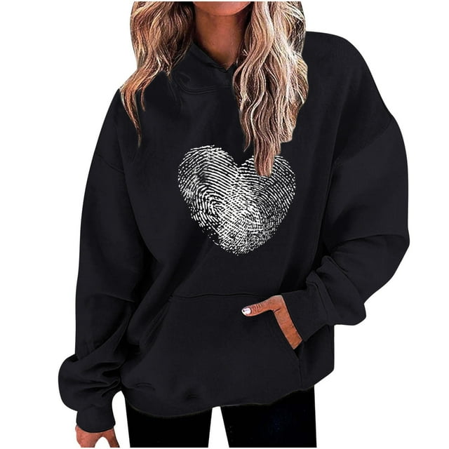 Plebaso Sweat-Shirts à Capuche pour Femmes, Cordon de Serrage, Cœur, Imprimé, Manches Longues, Décontracté