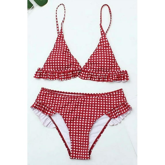 Red Plaid Print Ruffled Two Piece Bikini Set