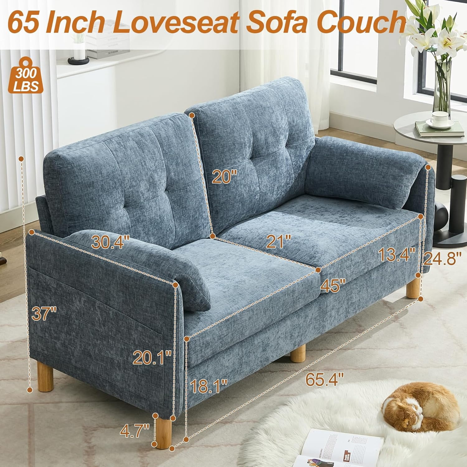 65" Chenille Loveseat Sofa, Modern 2-Seater Love Seat Couch with Armrest Pillows,Upholstered Tufted Loveseat Couches for Living Room Bedroom, Blue