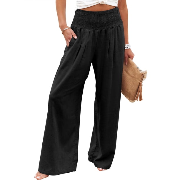 Pantalones Palazzo ANRABESS de lino para mujer, pierna ancha, cintura alta, negros