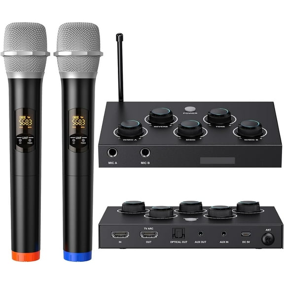 Rybozen Portable Karaoke Microphone Mixer System Set with Dual UHF Wireless, Black