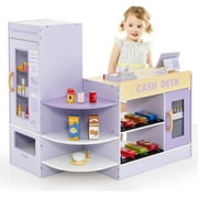 OLAKIDS Kids Grocery Store Playset, Wooden Supermarket Toy Set with Cash Register, Vending Machine, Play Food Accessories, Blackboard, Pretend Play Store Gift for Toddler Boys Girls (Purple)