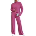 thumbnail image 2 of Conjunto de 2 piezas para mujer, de punto acanalado, cuello alto, manga larga, suéter, conjunto de pijama, pantalones de pierna ancha, conjuntos de salón, chándal, 2 of 5