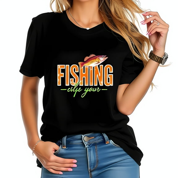 Trendy Cotton Short Sleeve T-Shirt for Women - Bold " FISHING " Graphic with Colorful Fish Illustration - Casual Style for Outdoor Adventures
