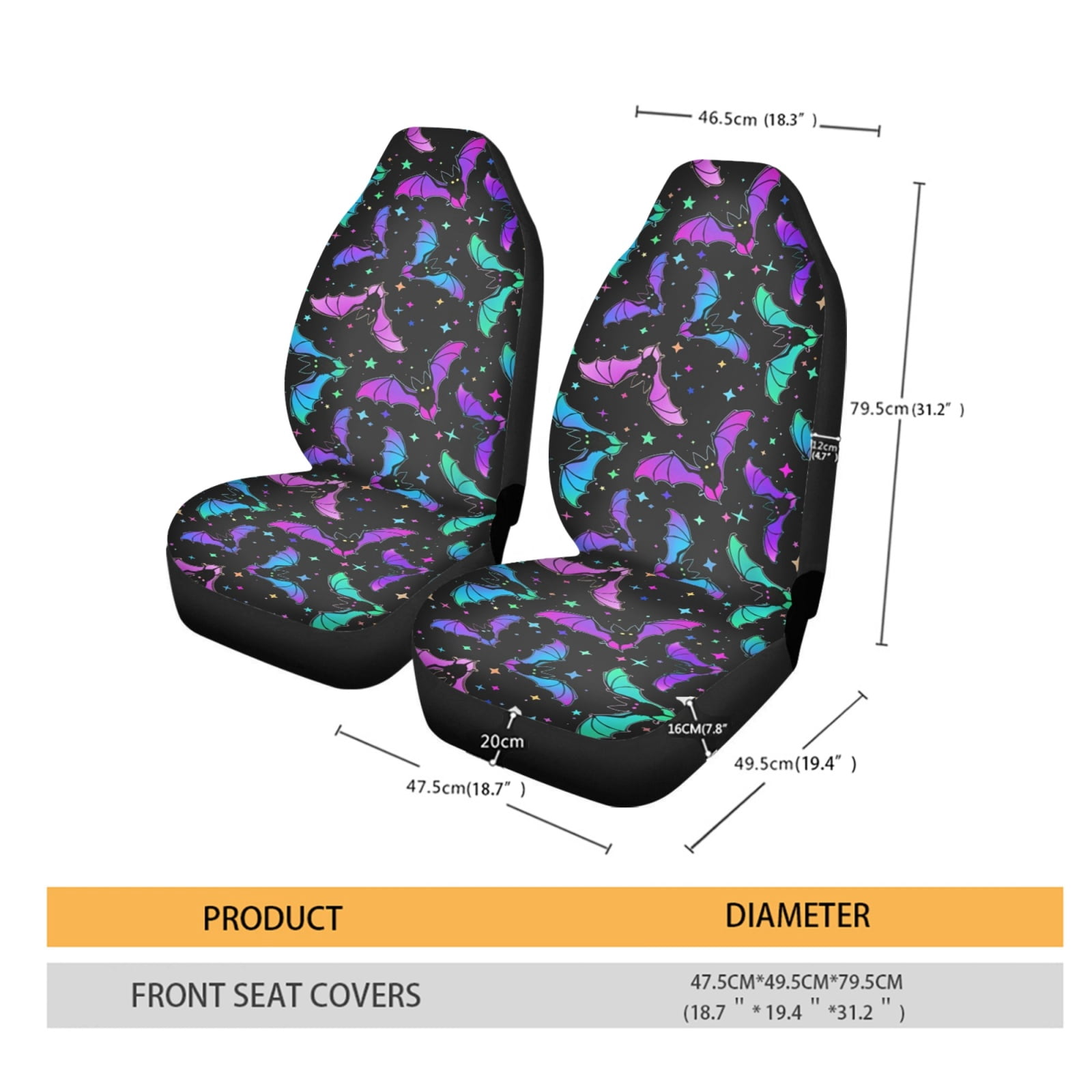 Xoenoiee Colorful Bat Stars Pattern Car Seat Cover Front Seats Only Full Set of 2, Universal Bucket High Back Comfortable Front Auto Seats Cushion