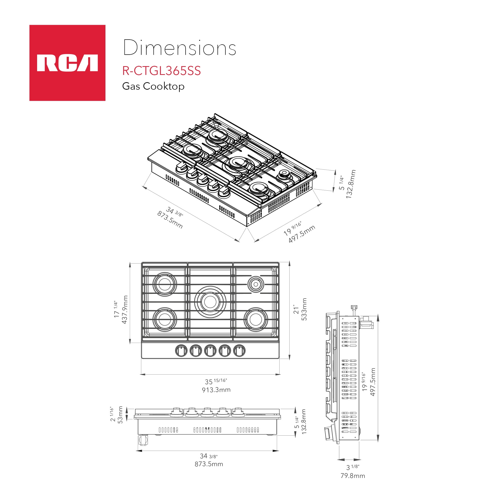 RCA 36 in. Legacy Collection Drop-In Gas Cooktop, 5 Burners, Cast Iron Grates, Metal Knobs in Stainless Steel