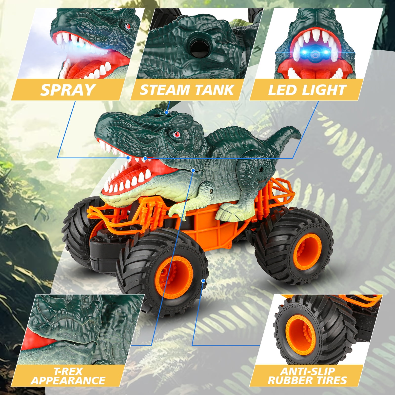 Beefunni Remote Control Dinosaur Cars for Boys, 2.4Ghz RC Dinosaur Toys Truck for Toddlers, Electric RC Car Toys with Light & Sound Spray Function for 3 4 5 6 7 8 Year olds Kids Boys Birthday Gift