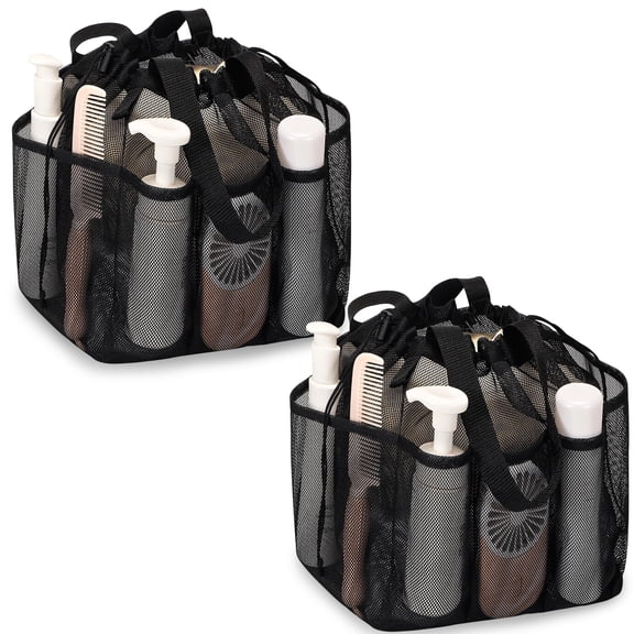 2 Pack Mesh Shower Caddy Bag, Portable Quick-Dry Bath Organizer with 7 Pockets, Drawstring Toiletry Tote for the Gym, Dorm, and Travel