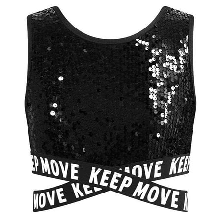 YONGHS Kids Girls Sequin Modern Street Hip Hop Jazz Dance Crop Top Vest Shirt Sports Bra Performance Costume Black 8