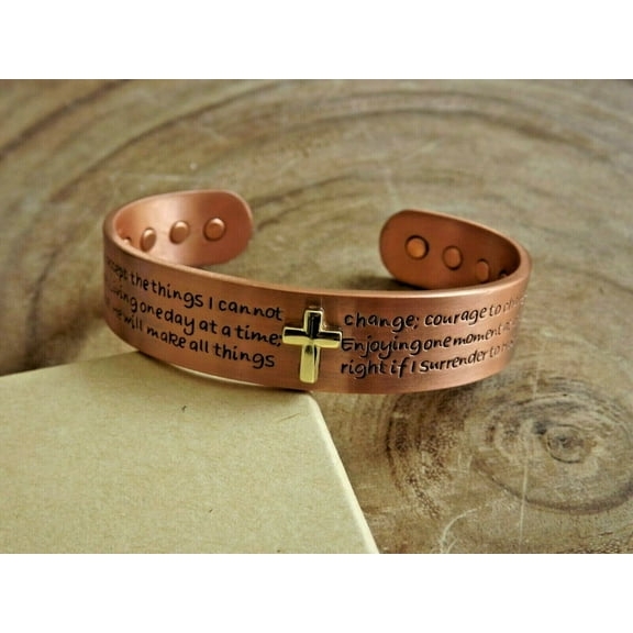 M Dream Magnetic Cuff Bracelet Serenity Prayer Cross 15 mm Width, Pure Copper
