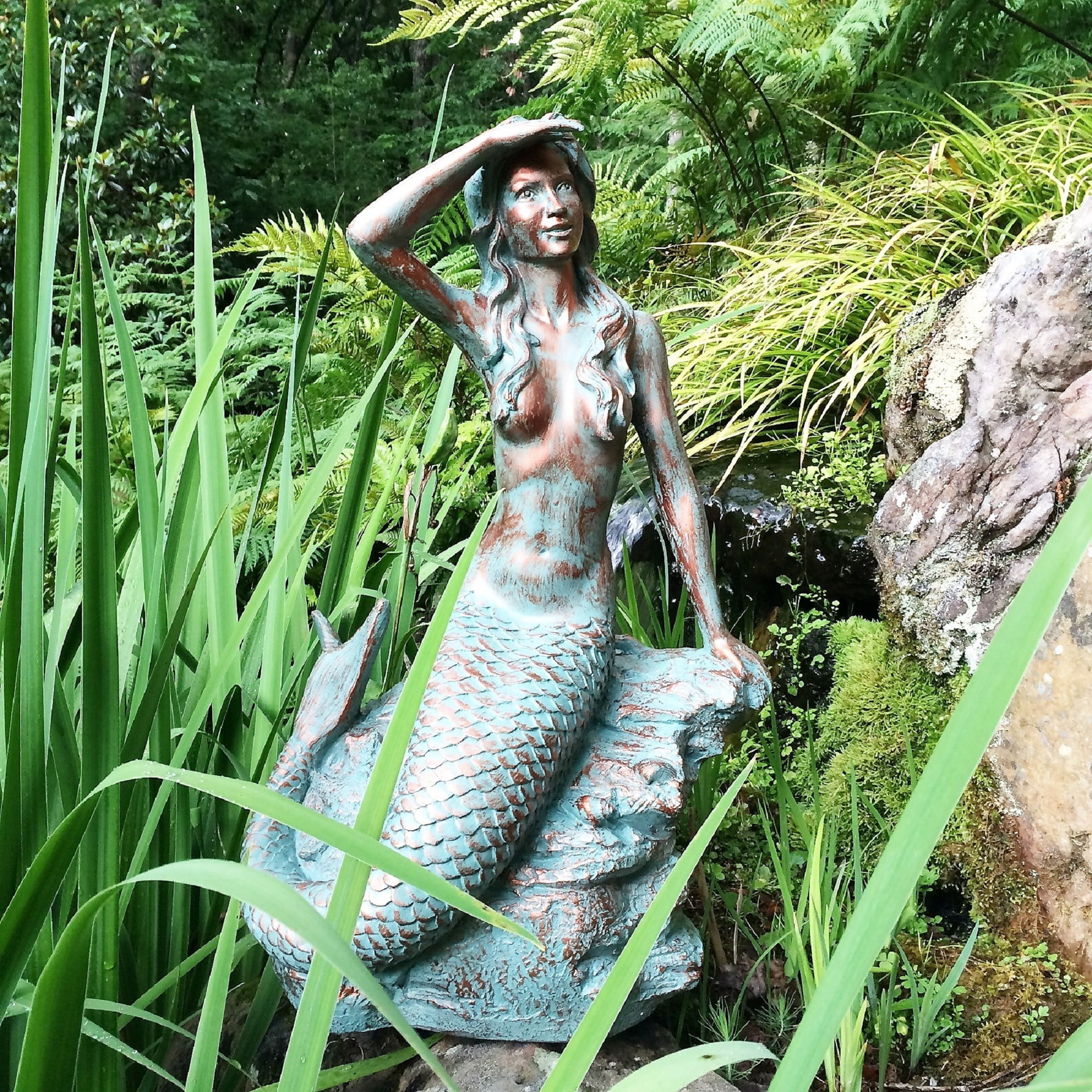 Homestyles 22 in. Bronze Patina Classic Mermaid Sitting on Coastal Rock Looking Out to Sea Beach Nautical Extra Large Statue