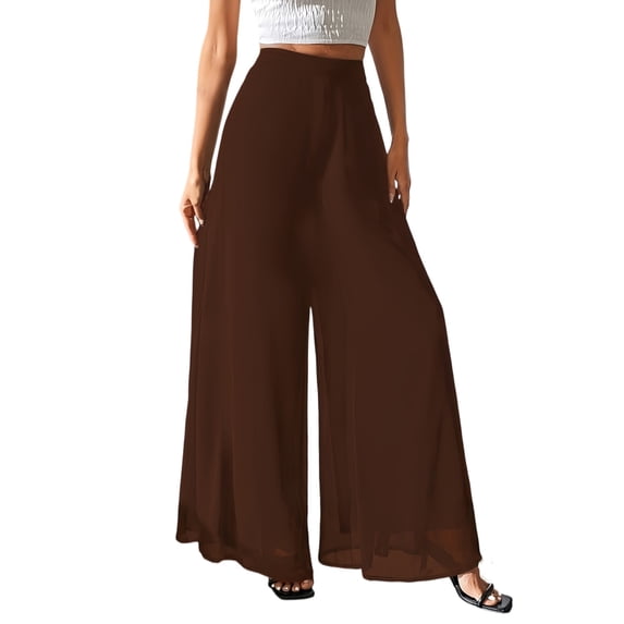 Palazzo Pants for Women Dressy Casual Elastic High Waisted Wide Leg Chiffon Pants Formal Flowy Skirt Pant Culottes Brown M