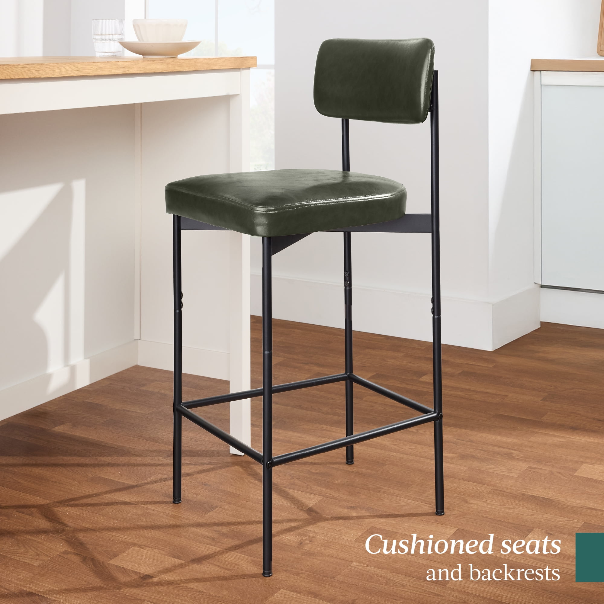 Best Choice Products Set of 2, Armless Counter Height Bar Stools, Modern PU Faux Leather Stools - Moss Green