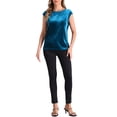 thumbnail image 2 of Blusa de terciopelo INSPIRE CHIC para mujer, con mangas cortas, básica, de cuello redondo, para oficina y casual, color azul pavo real, 2 of 6