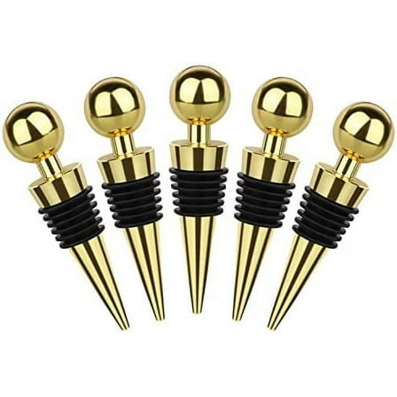 Wine Stopper Bottle Stopper, Stainless Steel Wine Saver, Reusable Wine Bottle Corks Used for Gift, Bar, Holiday Party, Wedding Keep Wine Fresh (5 Pcs, Gold)