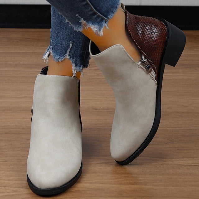 LSLJS Women's Winter New British Style Round Head Suede Leather Patchwork Chunky Heel Ankle Boots