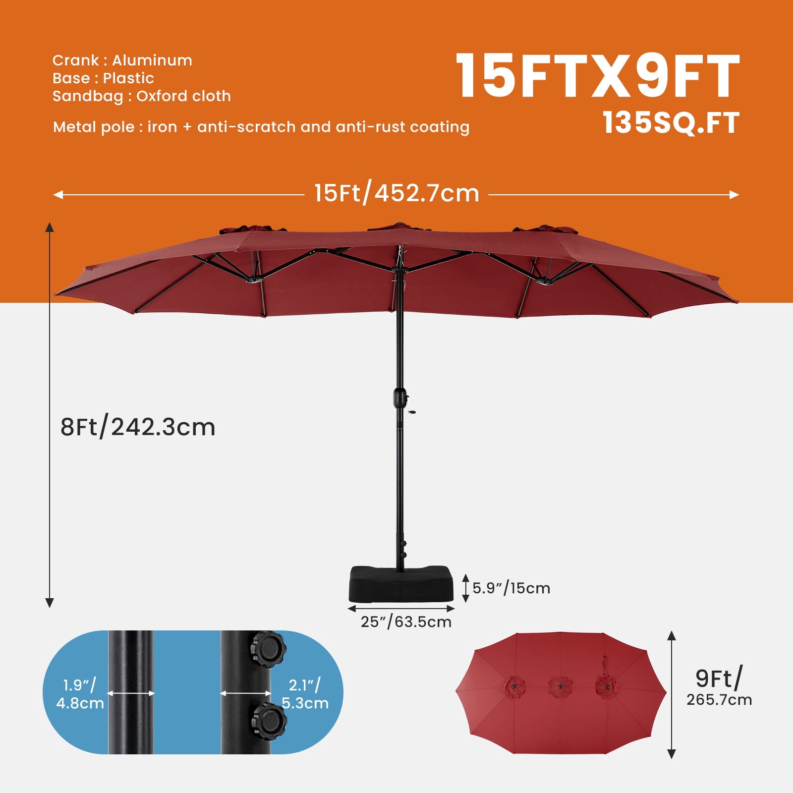 JOINSUN 15ft Outdoor Patio Umbrella with Base - Double-Sided Rectangular Market Umbrella for Poolside and Backyard, Red