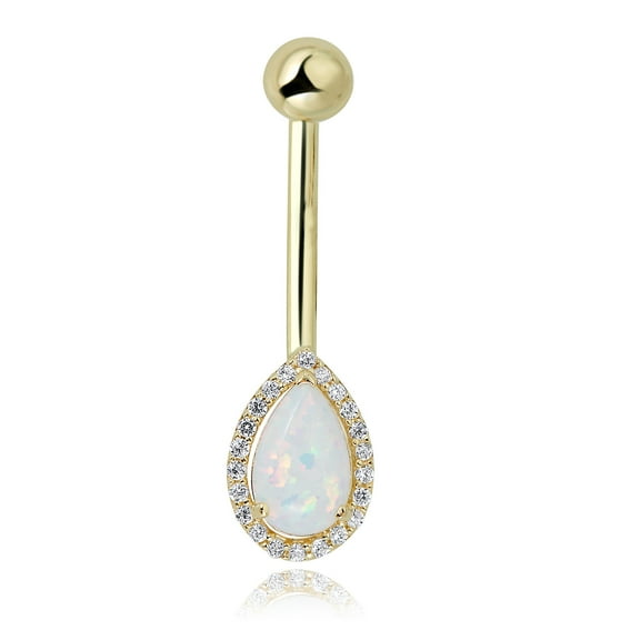 AVORA 10K Yellow Gold Pear-shaped Simulated Opal with Simulated Diamond CZ Halo Belly Button Ring Body Jewelry (14 Gauge)  - Size 0