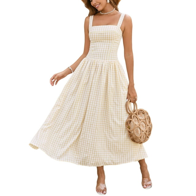 Vestido midi XinFsh 2025, verano, bohemio, a cuadros, cuello cuadrado, amarillo